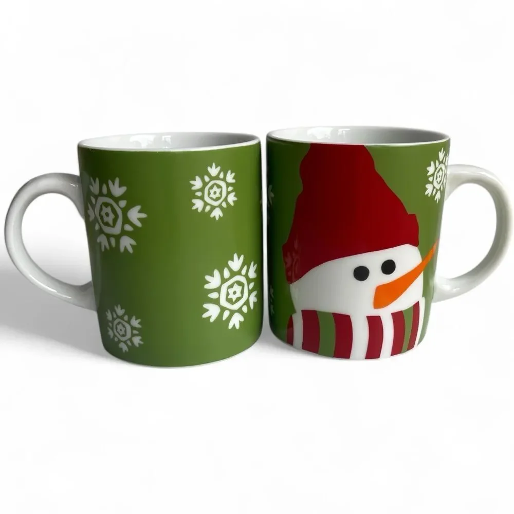 Crate&Barrel Green Snowman Snowflake Hot Cocoa Coffee Mug Set